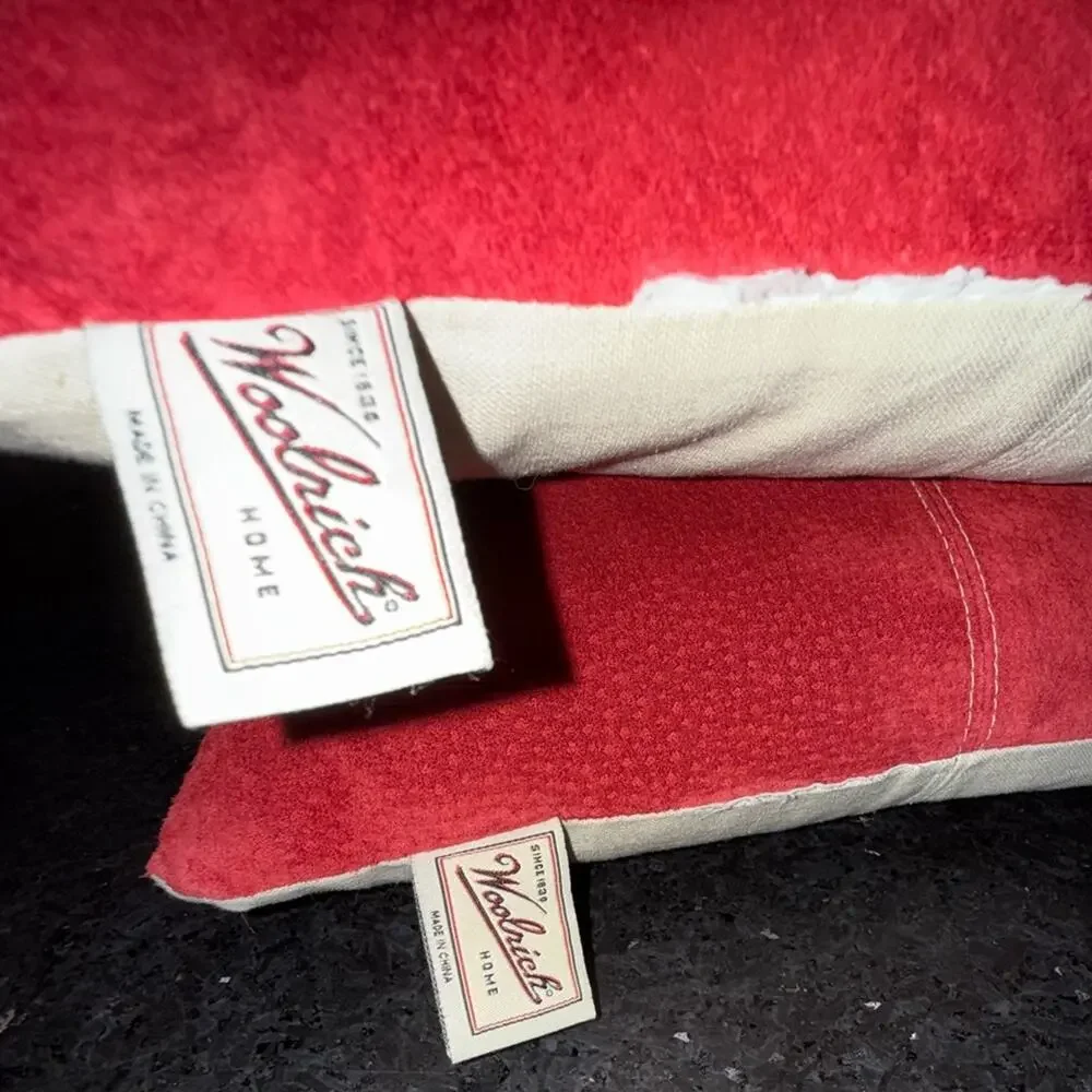 WOOLRICH RED GENUINE LEATHER SUEDE FEATHER INSERT LINEN BLEND BACK PILLOW SET
